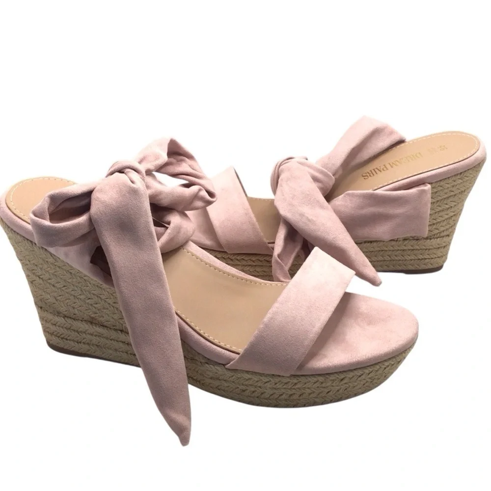 NWOB Dream Pairs Womens Pink Faux Suede Ankle Tie Lace Up Platform Wedges 9.5